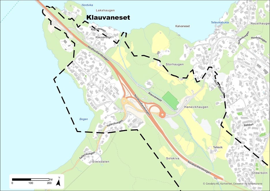 En kartillustrasjon over Klauvaneset i Bergen kommune, som viser hvilket område som blir varslet om planoppstart. 