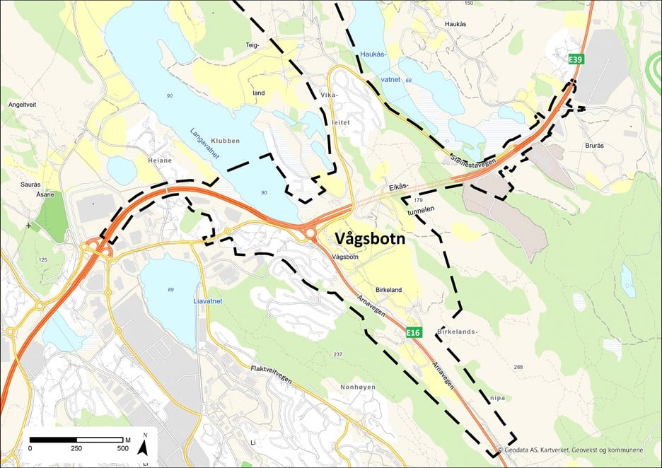 Bildet er en illustrasjon over området hvor det skal planlegges nytt kryss i Vågsbotn. 