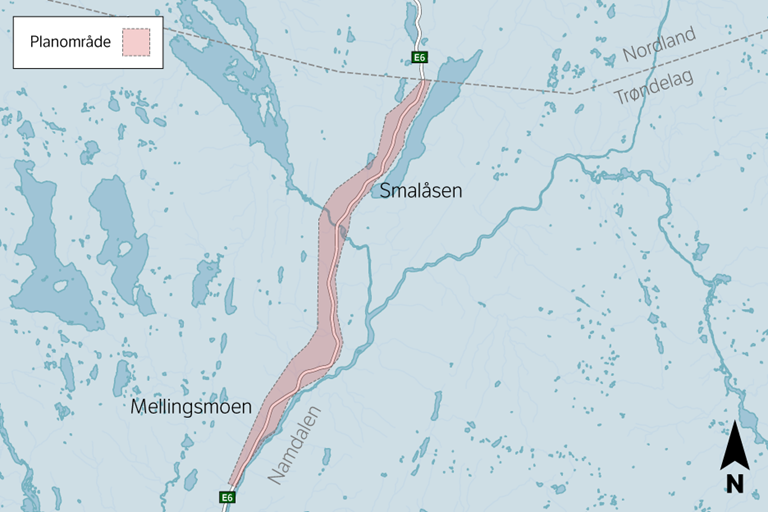 Kart over planområdet som strekker seg fra Mellingsmoen i sør til Nordland grense