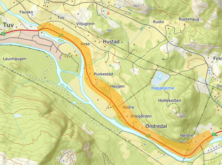 Illustrasjon som viser planområde i et kart hvor det relevante området er markert med oransje. 