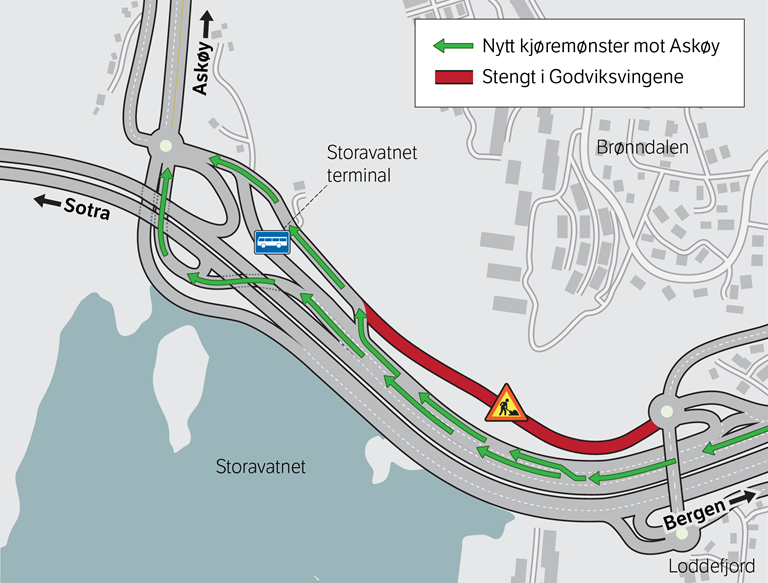 Det eksisterande køyremønsteret mot Askøy vil bli oppretthaldt, men med ein viktig endring: Dagens kollektivfelt blir omgjort til eit avkøyringsfelt mot Askøy og vert kopla på dagens trase for Godviksvingene like før terminalen. Dette køyremønsteret vil vare fram til sommaren 2025.