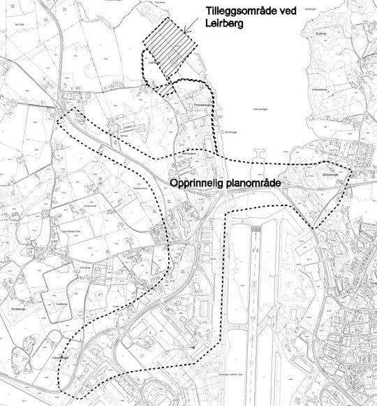 Kart som viser utvidelse av planområde for rv. 509 Sømmevågen vest og Flyplassvegen.