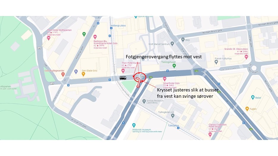 Krysset St. Olavsgate x Fredriks gate må bygges om for å legge til rette slik at bussene klarer svingen fra vest mot sør. Arbeidene er ett av flere forberedende arbeider som må gjøres før Ring 1-tunnelene stenger 1. juli.