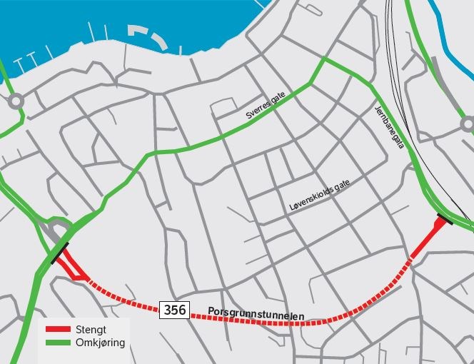 Kart som viser omkjøring i perioden tunnelen er stengt. Illustrasjon.